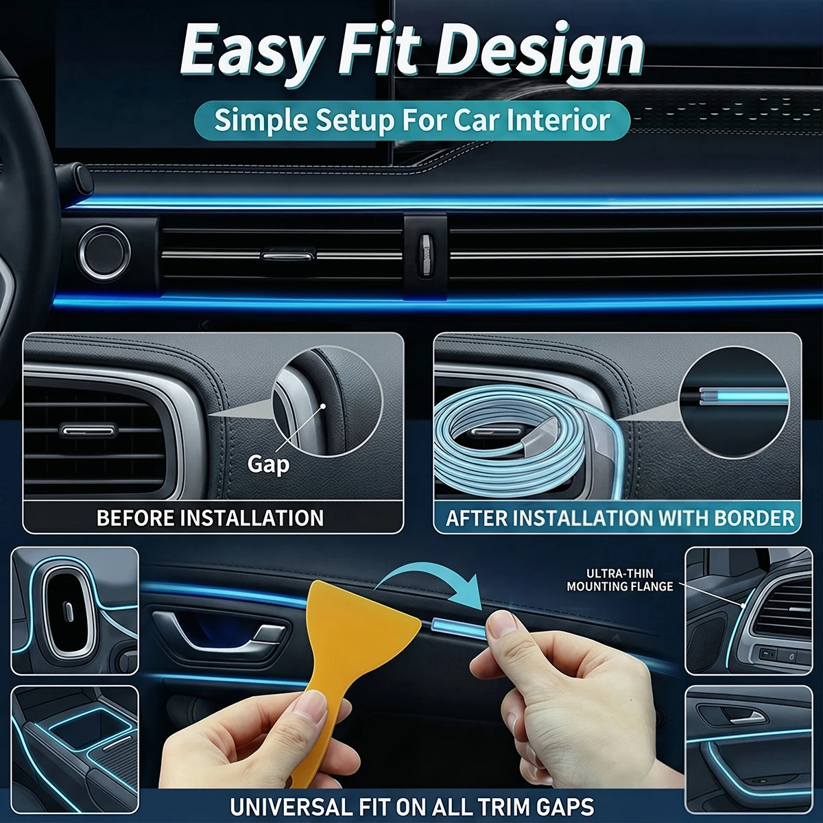 Car Interior Ambient LED Strip Lights RGB Fiber Optic Atmosphere Ultra-thin Heat-resistan Neon Lighting APP Control Decor Lamps