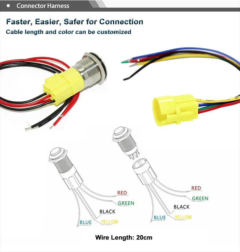 12V 19mm Warning LED Indicator Light Panel Metal Push Button Switch Lock and Momentary on Off with Dash LOGO Symbol