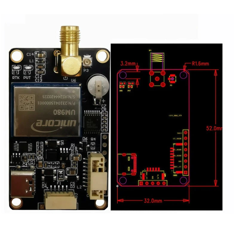 RTK UM980 High Accuracy Multi-Frequency Unicore GNSS Module VS F9P with Antenna for GPS Base Station RTK Receiver Board OEM