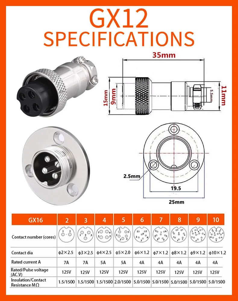 5/10 Sets GX12 GX16 GX20 Flange Butting Type Aviation Plug &Socket 2/3/4/5/6/7/8/9/10/12/14/15 Pin Male&Femal Connectors Coppe