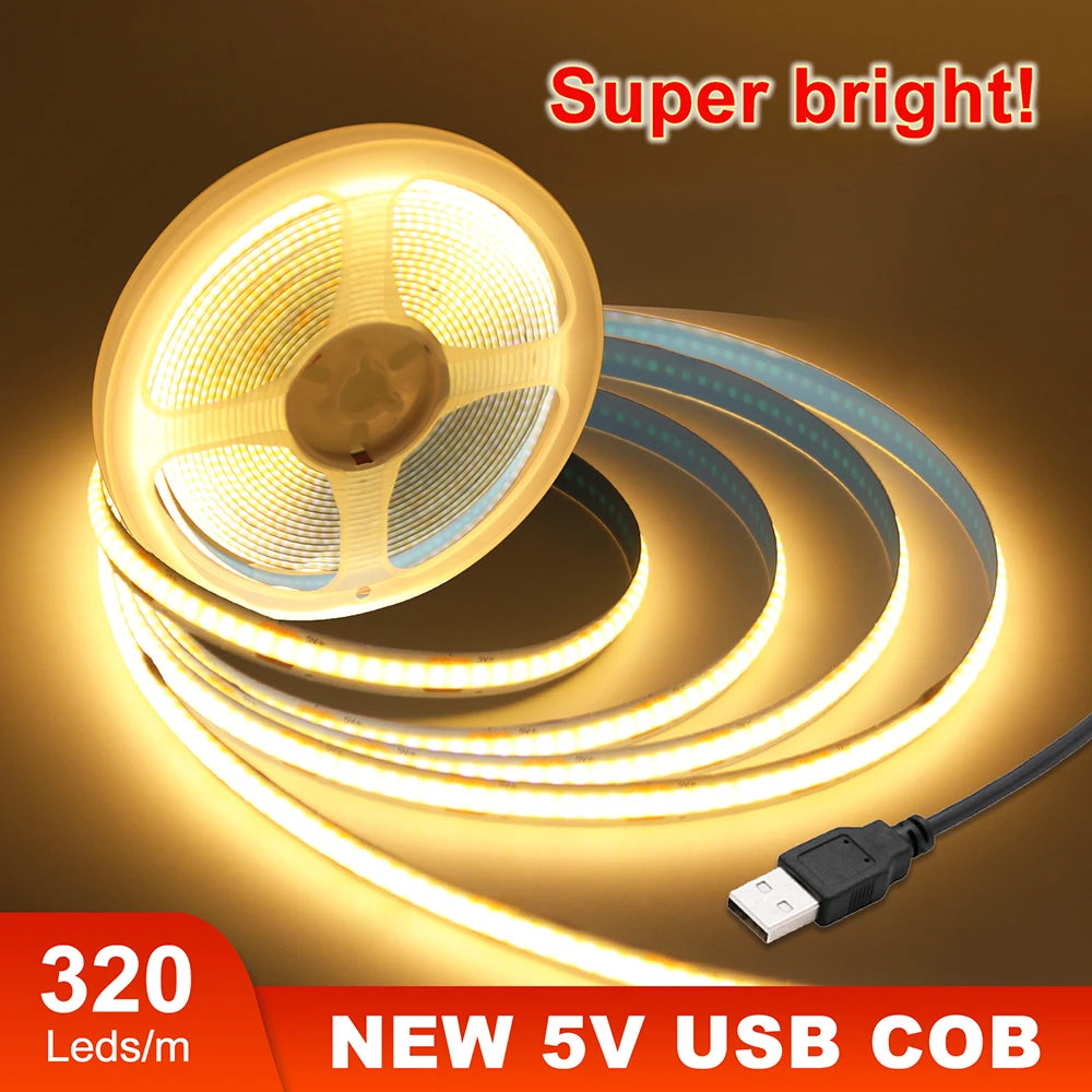 12V 5V USB COB LED Strip Light With 2Pin Wire 320 384 480 528 LEDs Flexible Tape Linear Lighting Warm White Pink Blue Red Yellow