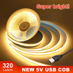 12V 5V USB COB LED Strip Light With 2Pin Wire 320 384 480 528 LEDs Flexible Tape Linear Lighting Warm White Pink Blue Red Yellow