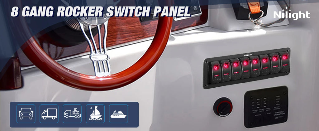 Nilight 8 Gang Rocker Switch Panel 5Pin On Off Toggle Aluminum Holder 12V 24V Dash Pre-Wired Red Backlit Switches for Automotive Cars Marine Boats RVs Truck
