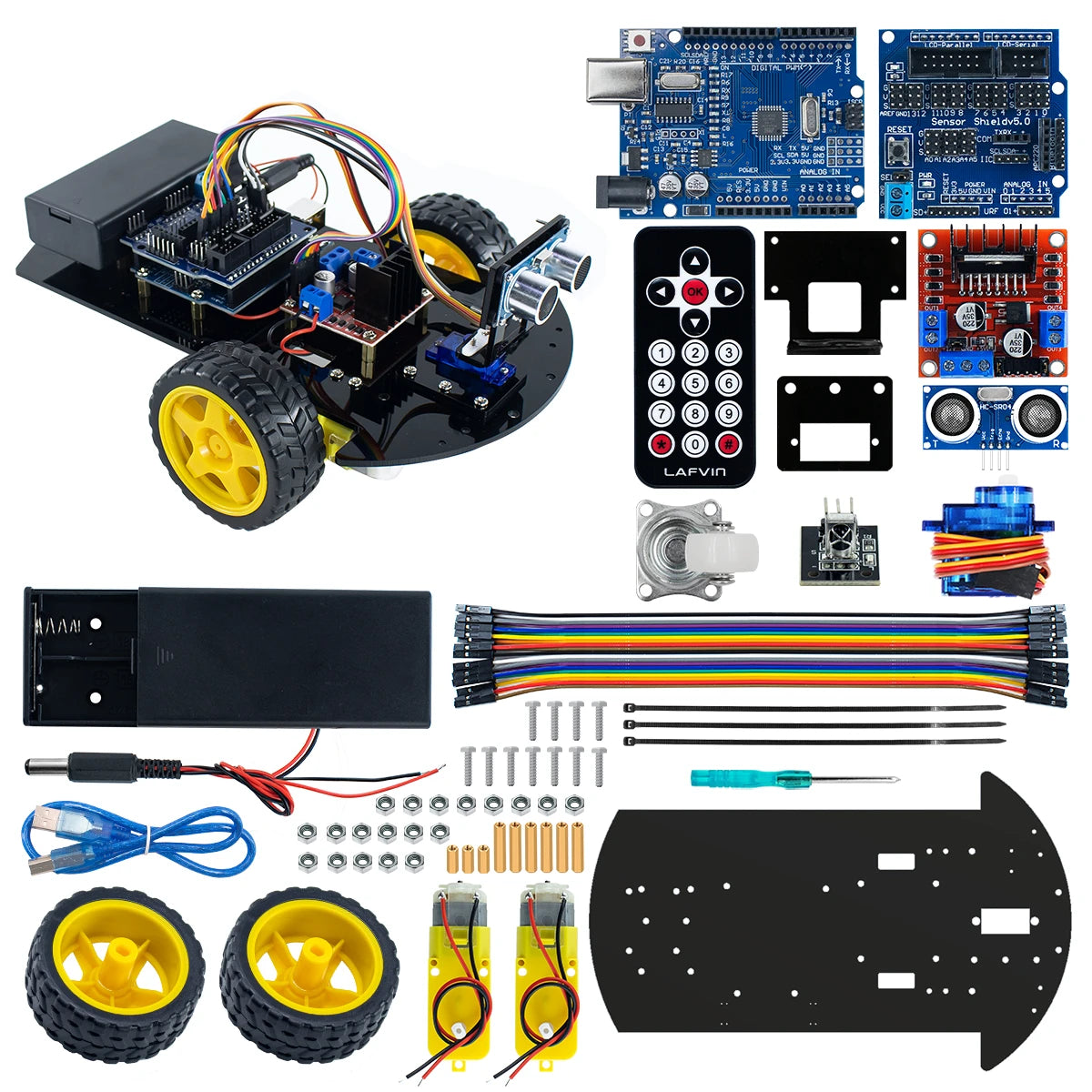 LAFVIN Smart Robot Car for Arduino 2WD Chassis Robot Car Kit With Ultrasonic Module, L298N Driver Board, Remote, IR Control