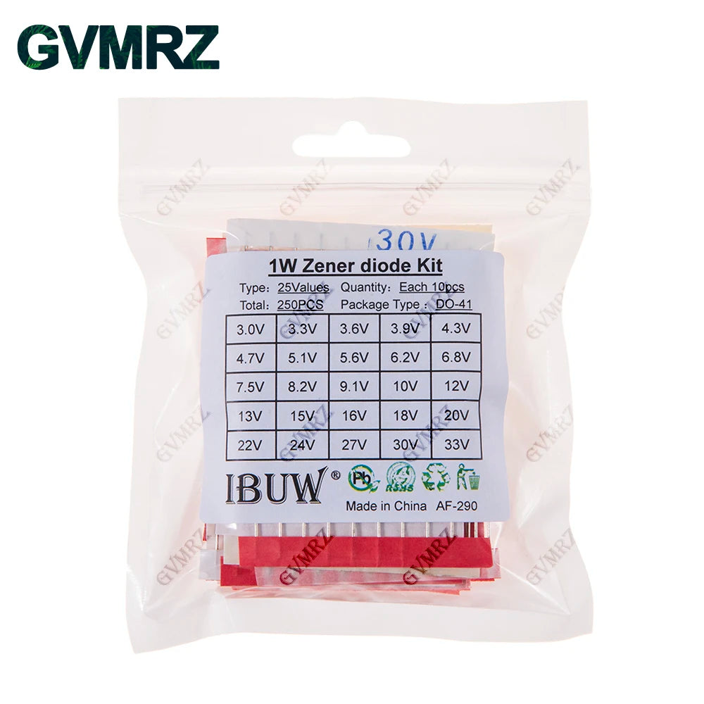 250PCS 25Values 1W Zener Diode Kit 3.0V-33V DO-41 for Voltage Regulation Electronic Projects