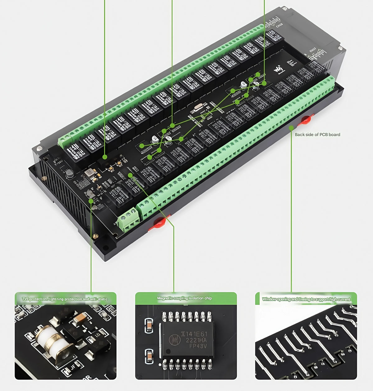 Waveshare Industrial Modbus RTU Relay Module with 8/16/32-channel RS485 interface and isolation