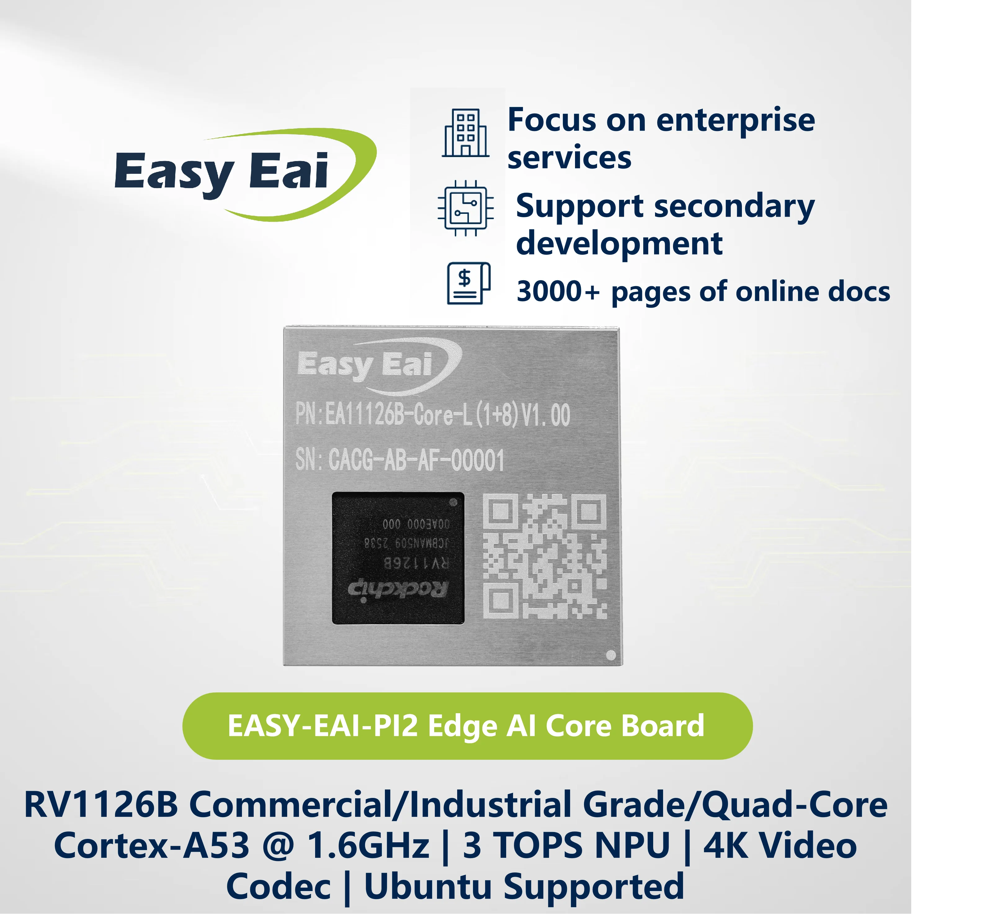 3 TOPS NPU AI Core Module, EASY EAI PI2 RV1126B LGA Package Core Board, Quad-Core A53 ARM Processor, 4K Vision Embedded Hardware