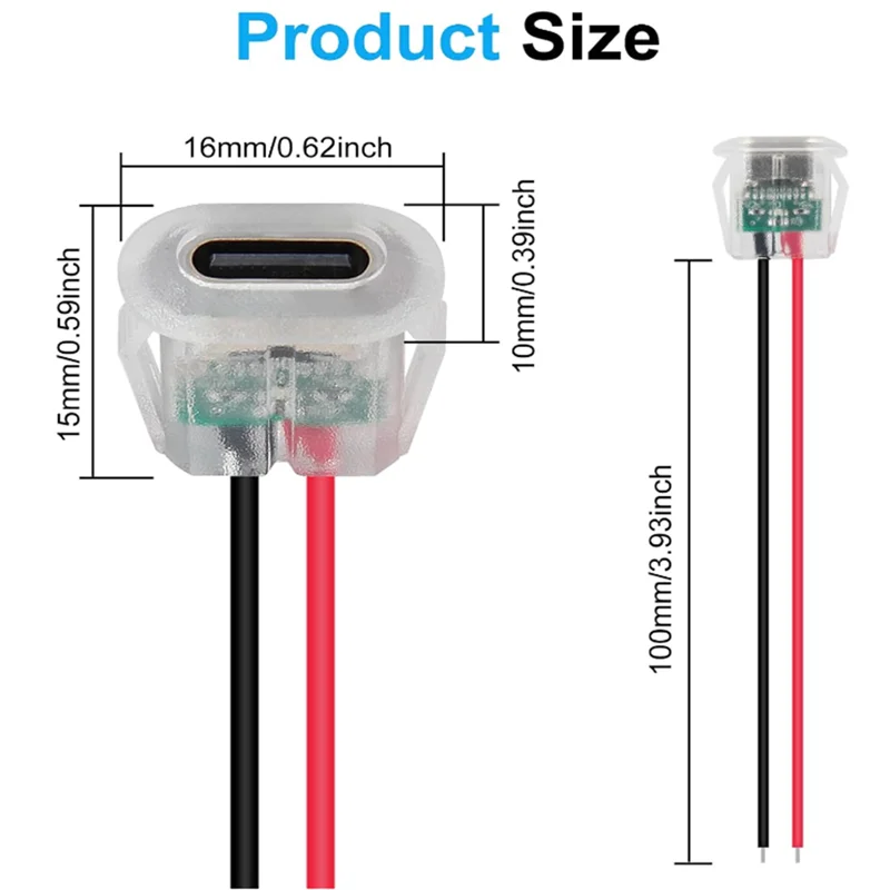 5/10pcs Type-C Female 2P Wire Type USB Connector Pigtail Cable Extension Power Cable Open End Connector Transparent with Light