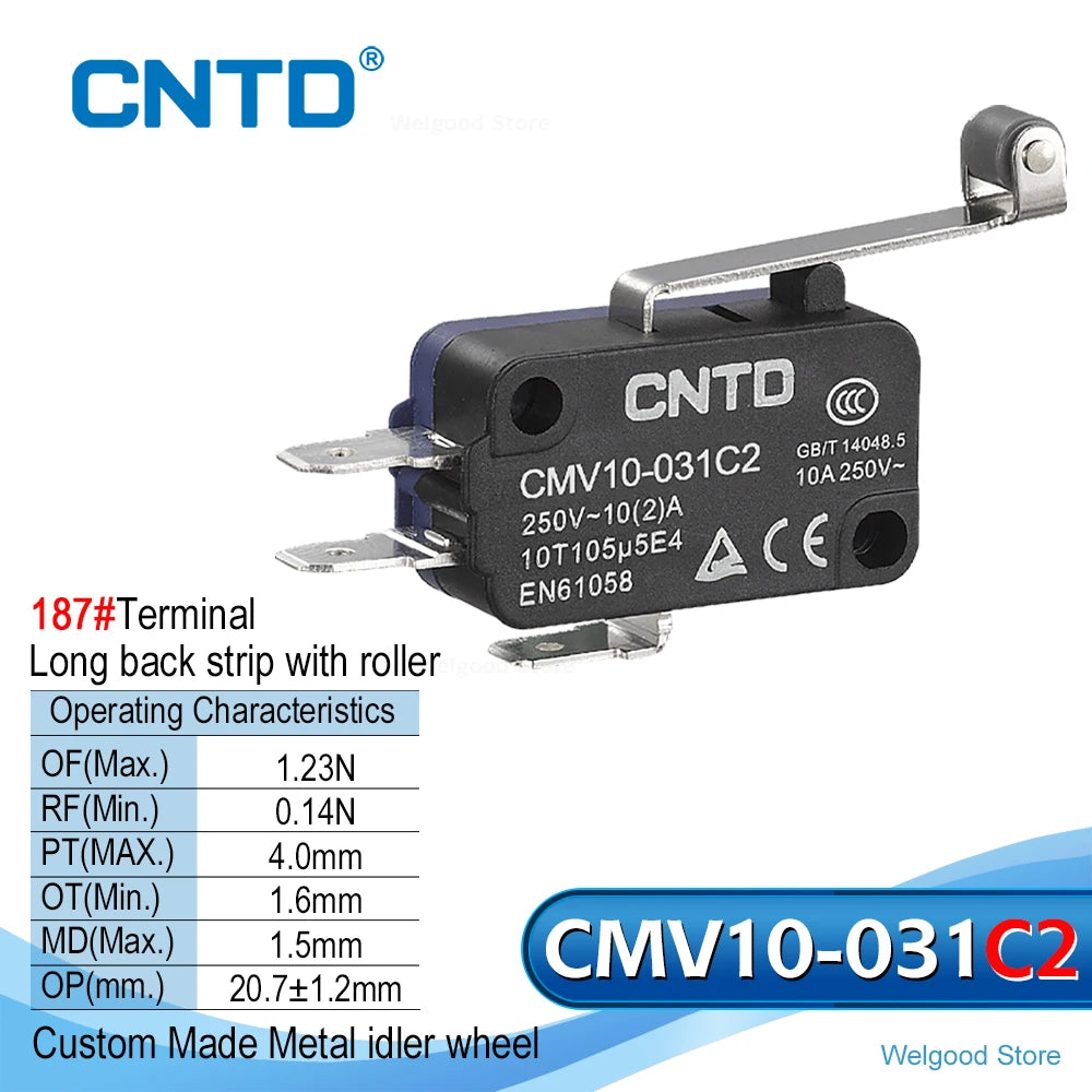 5PCS CNTD CMV10-031C/031C2 Mini Snap Action Micro Switch 10A 250V AC SPDT Long Curved Lever Limit Switch 300K for 3D Printer