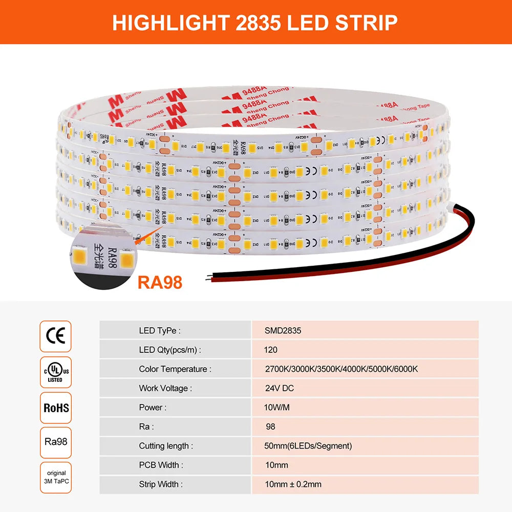 5m 10m RA98 LED Strip Light 2700K 3000K 3500K 4000K 5000K 6000K 12V 24V 2835 Flex Tape Stripe Hight Bright 120LED Home Lighting