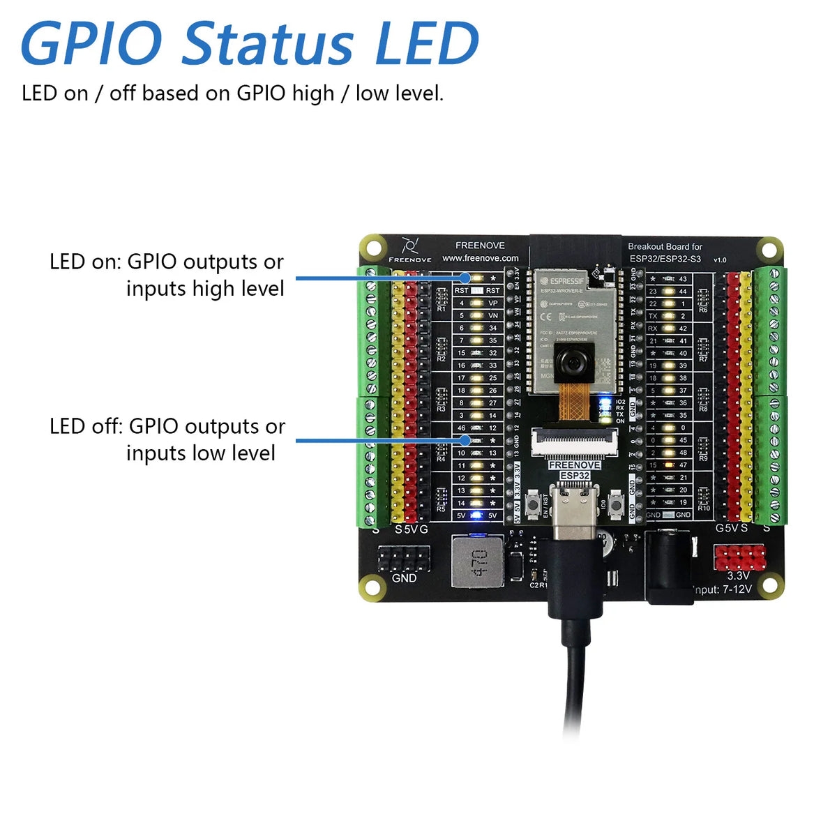 Freenove Breakout Board for ESP32 ESP32-S3, Terminal Block Shield HAT with Pin Header, GPIO Status LED, Multiple 5V 3.3V Outputs