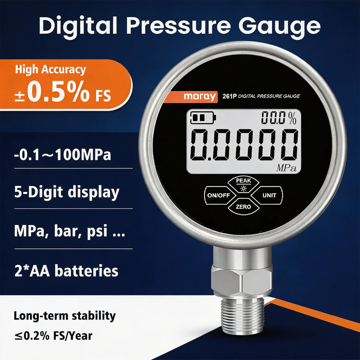 Moray  LCD Display 304 Stainless Steel High Pressure Manometer Mini Digital Pressure Gauge High Accuracy ME261P