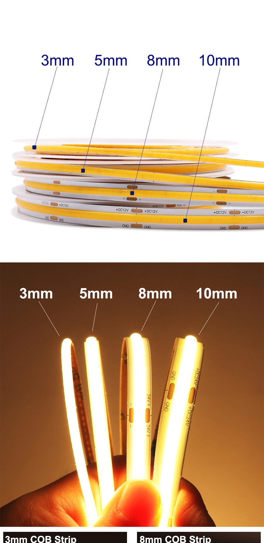 3mm 5mm COB LED Strip 12V 24V Dimmable 3000K 4000K 6000K High Density Flexible LED Light For Home Decor RA90 LED Strip Lights