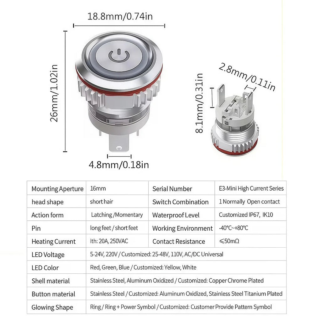 LANBOO 16mm High Current 16A High-Power Metal Push Button Switch 12V110V 24V 220V LED Light Latching