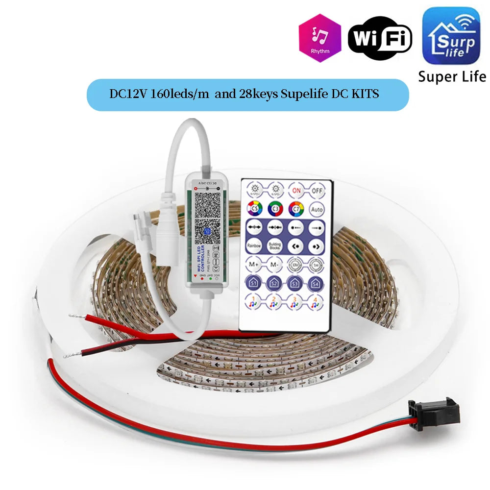 2.7mm WS2812 RGBIC LED Light 160Leds/M WS2812B 2020SMD Addressable Strip Lamp With DC/USB 28keys BT Music Led Controller DC5/12V