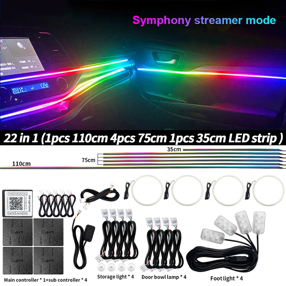 6/10/14/18 in 1 Led Car Ambient Lights RGB 213 64 Color Acrylic Strips Symphony Streamer Interior Atmosphere Lamp Control By App