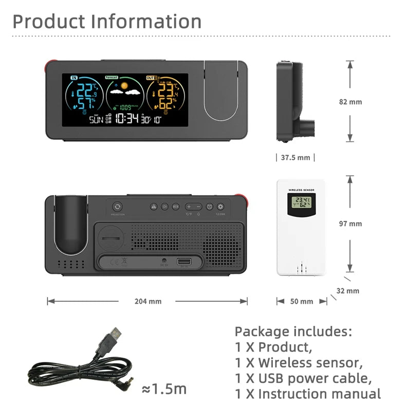 Digital Weather Projection Alarm Clock In/Outdoor Color Screen Temperature Humidity Meter Barometer Wireless Forecast Sensor