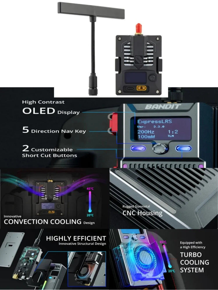 RadioMaster Bandit Micro Nano ExpressLRS 915MHz RF Module T Antenna OLED 1000mW 30dBm SX1276 200Hz WiFi Bluetooth FPV