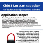 CBB61Fan Starting Capacitance1.2/1.5/1.8/2/2.5/3/4/5/6/7UFCeiling Fan Range Hood450V