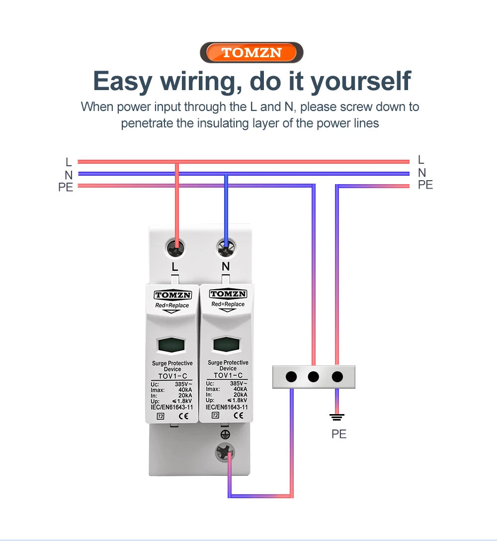 TOMZN AC SPD 2P House Surge Protector Protection Protective Low-voltage Arrester Device 10-20kA 20-40kA 30-60kA 275V 385V 420V