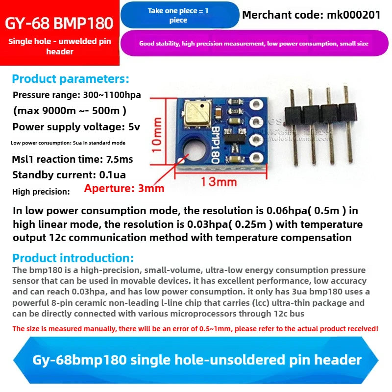 1PCS GY-68 BMP180 High-Precision Digital Pressure and Temperature Sensor Module Compatible with BMP085 for Arduino ESP32