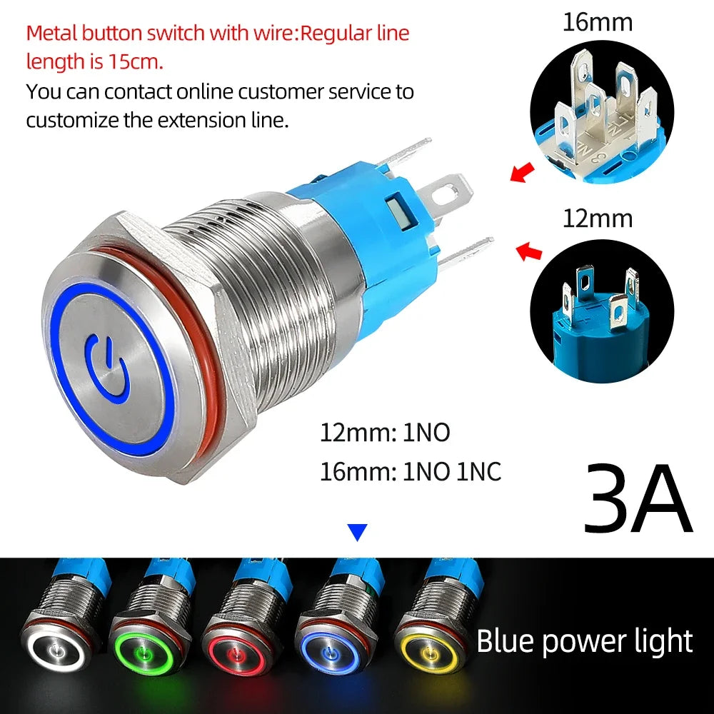 12/16mm Flat LED Illuminated Reset Latching Ring LED Metal Push Button Switch Waterproof On Off with Power Symbol
