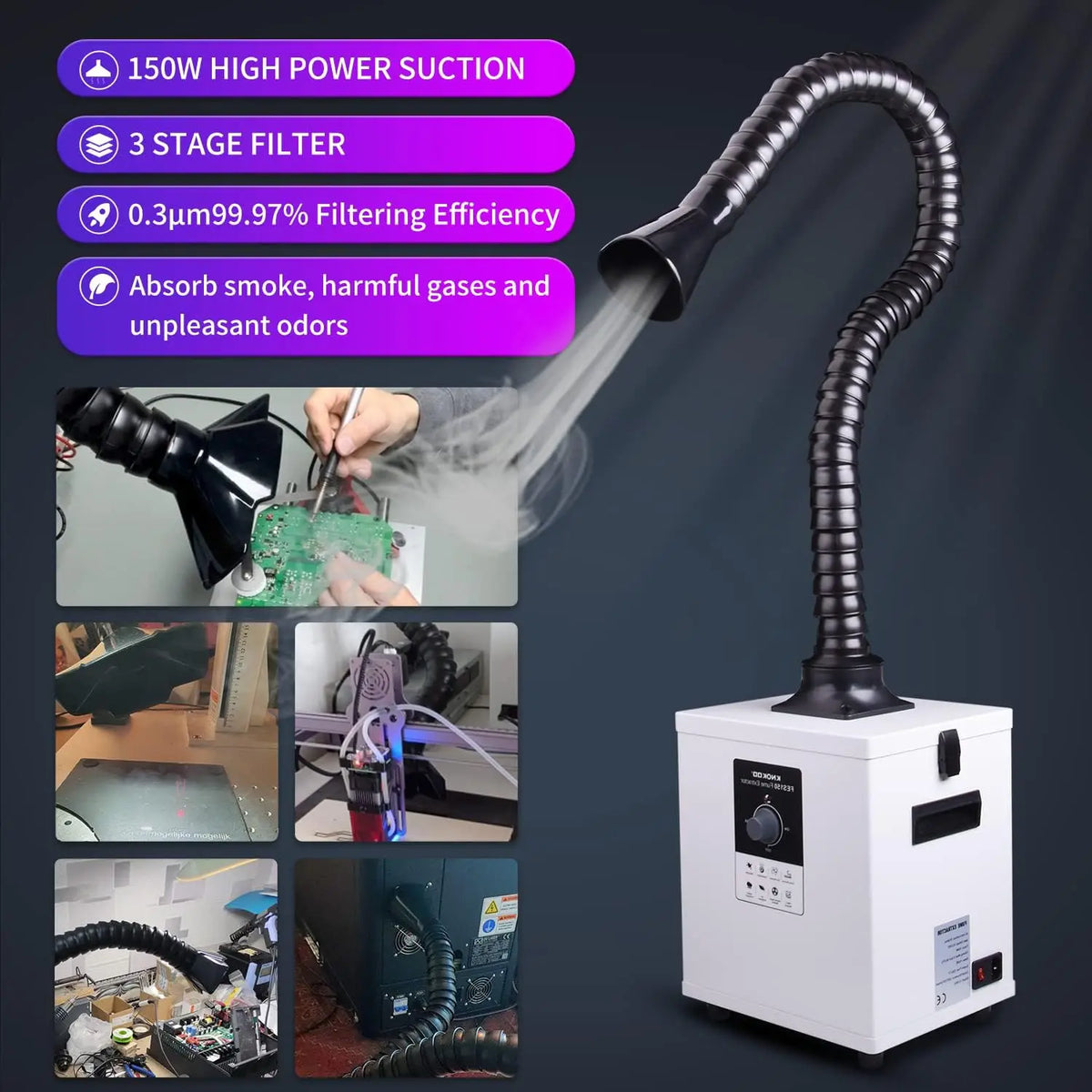 KNOKOO FES150 Industrial Laser Fume Extractor DTF Smoke Purifier 99.9% Purification HEPA Filter for 3D Printing Nail Salon