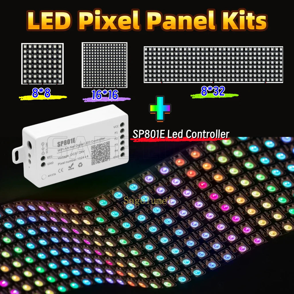 SP801E Led Controller Kit DC5V WS2812B RGB LED Pixel Panel Light 8x8 16x16 8x32 Digital Flexible Screen Individually Addressable