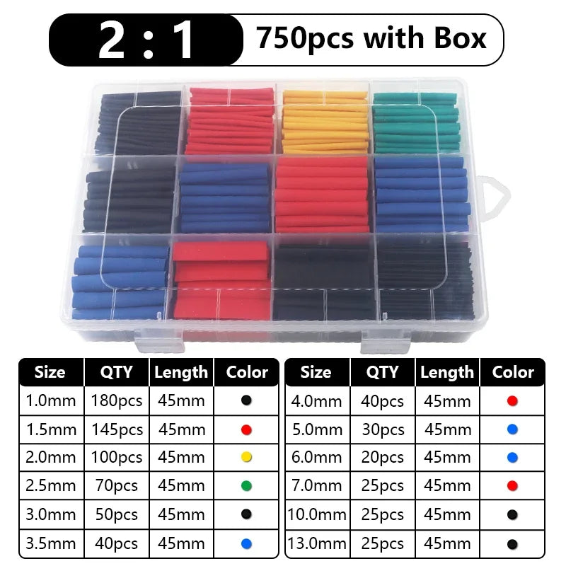 102-750pcs 2:1 Thermoresistant Tube Heat Shrink Wrapping Kit Assorted Wire Cable Insulation Sleeving 3:1 Heat Shrink Tube Set