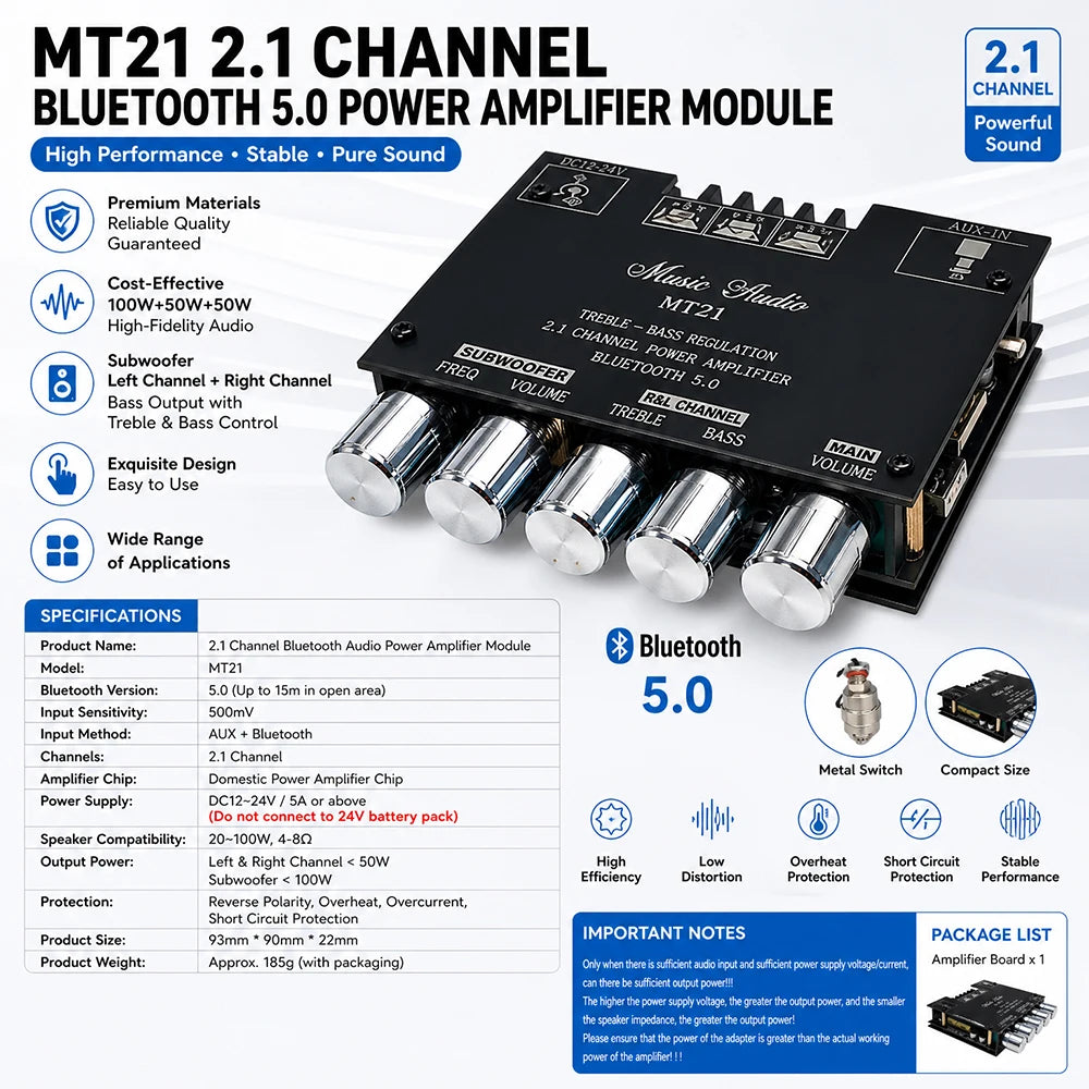 MT21 2.1 Channel Bluetooth 5.0 Digital Amplifier Module 100W+50W+50W Subwoofer Audio Board Treble Bass Adjustment AUX Input for Speaker DIY