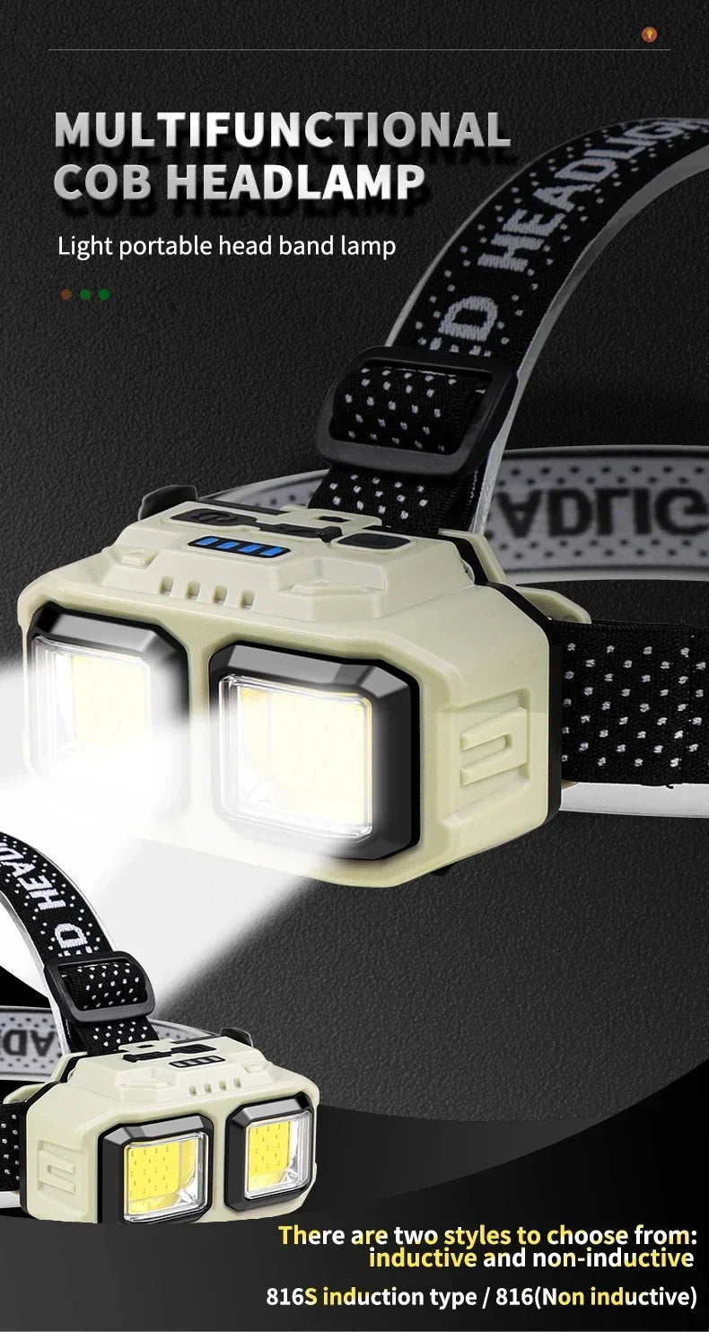 HOMEFISH COB LED Headlamp Induction USB Rechargeable Head Flashlight Powerful Work Light for Outdoors Camping Fishing
