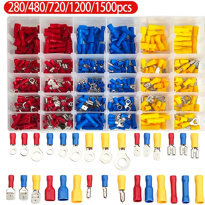 280/480/720/1200/1500pcs Quick Connect Terminal Kit - Cold Pressed Fork/Ring/Spade Lugs for Low Voltage DC Wiring Systems