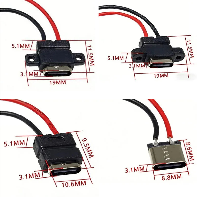 1-10PCS Type C 2 Pin Waterproof Female USB C Socket Port With Screw Hole Fast Charge Charging Interface USB Connector With Cable