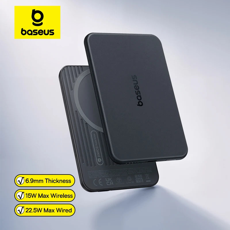 Baseus 5000mAh Magnetic Power Bank 22.5W USB-C & 7.5W/15W Wireless Charging 6.9mm Card-Slim NFC Battery Monitoring for iPhone 17