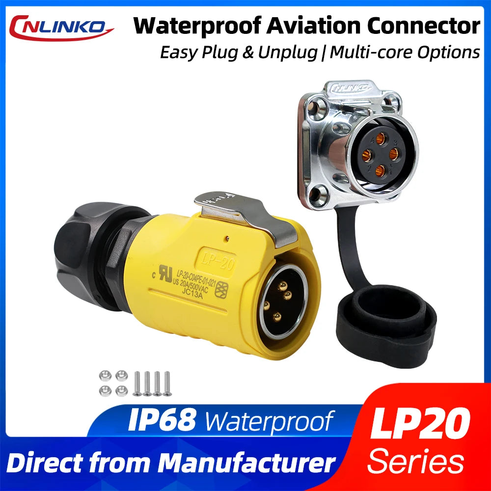 CNLINKO LP20 Waterproof Soldering Electrical Connector Male Plug Female Panel Socket Set for LED/Marine/Outdoor/Industrial Use