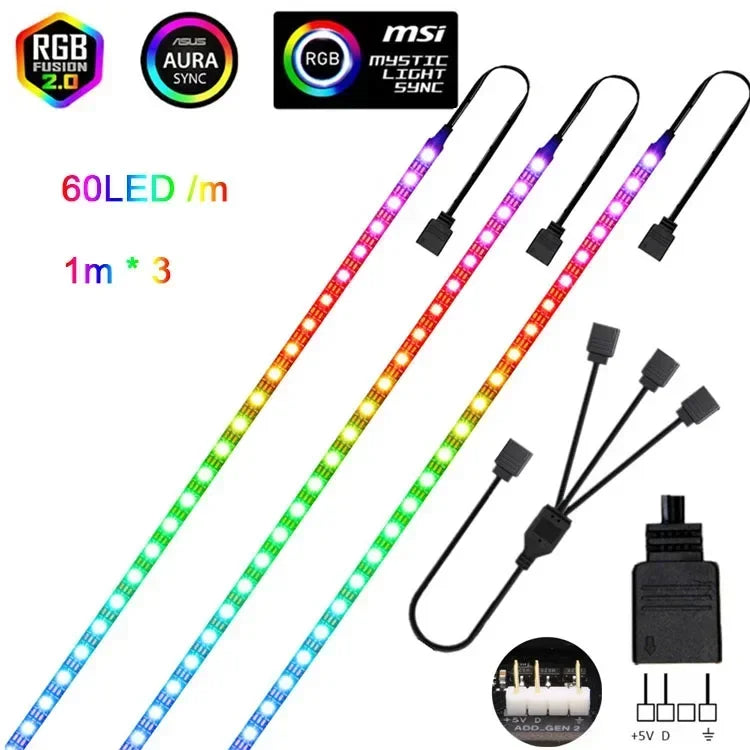 WS2812b ARGB LED Strip Light Addressable Rainbow Light Digital 5V 3pin Header PC Case Asus Aura Sync RGBIC Fusion MSI Mystic
