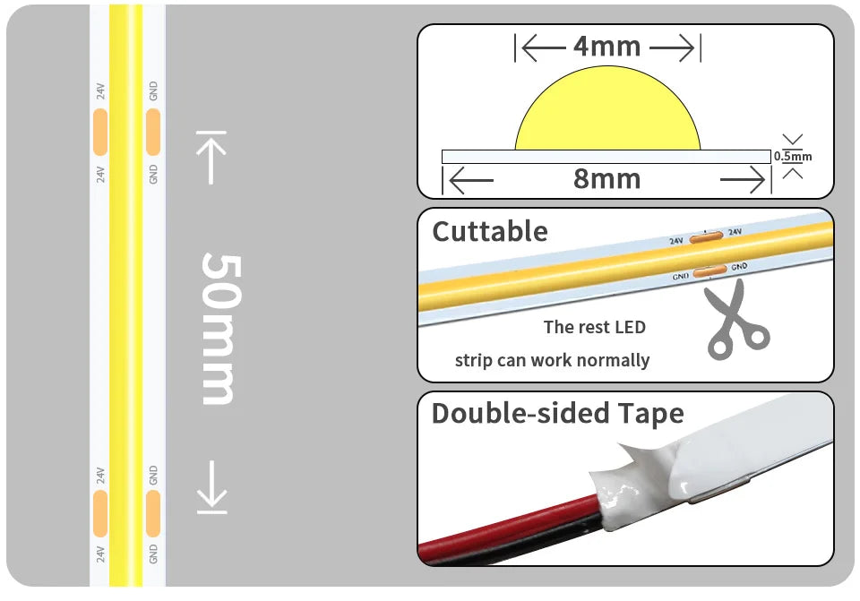 Linear regulável 24v 12v cob luzes de tira led 8mm 320leds/m fita flexível led para decoração do quarto 3000k 4000k 6000k 1m 5m