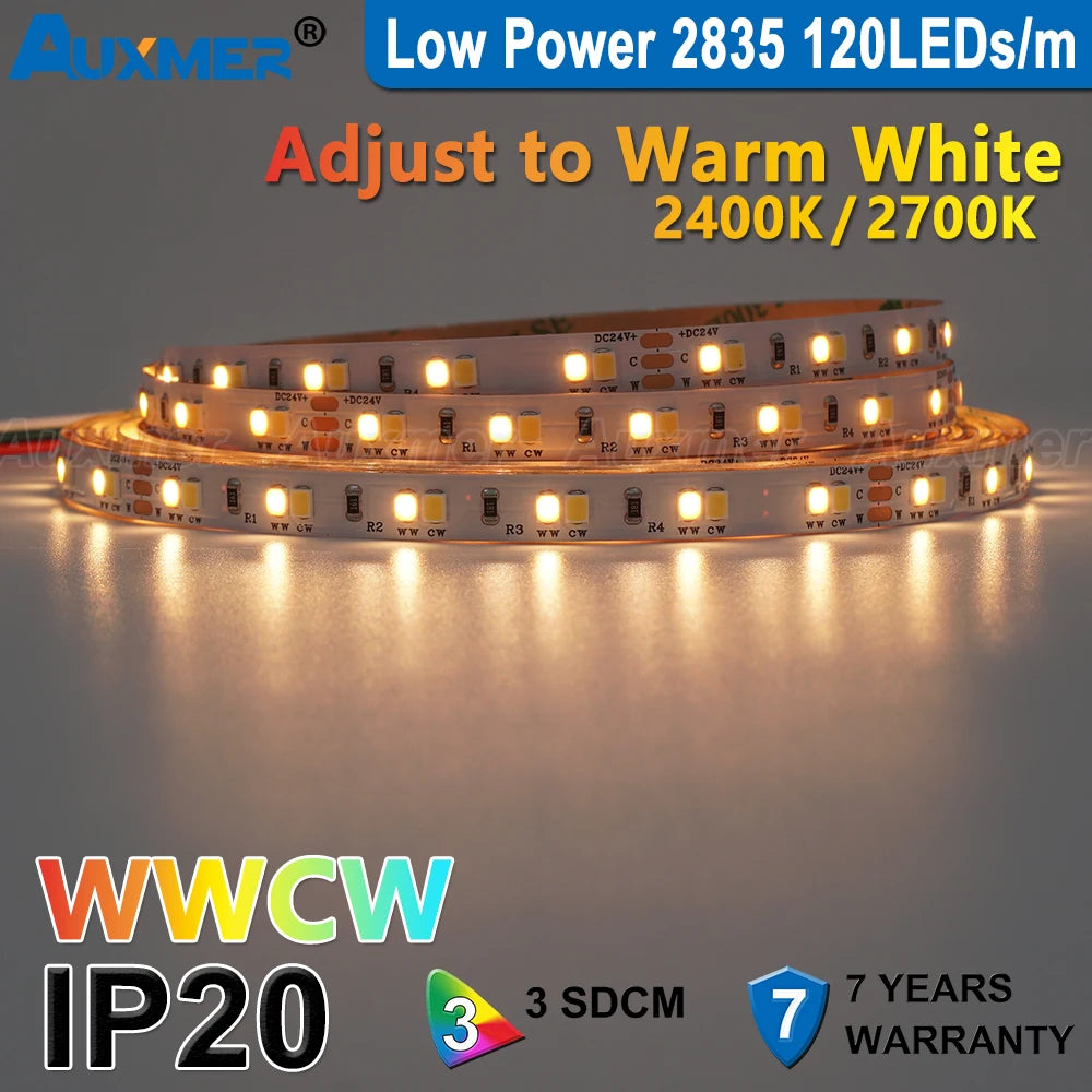 Auxmer 2835 WWCW LED Strip Lights,120LEDs/m 240LEDs/m,CRI＞95 Super Bright Flex LED DC12/24V,5m/reel,CCT 2400~6500K,IP20,3SDCM