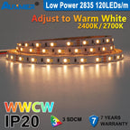 Auxmer 2835 WWCW LED Strip Lights,120LEDs/m 240LEDs/m,CRI＞95 Super Bright Flex LED DC12/24V,5m/reel,CCT 2400~6500K,IP20,3SDCM