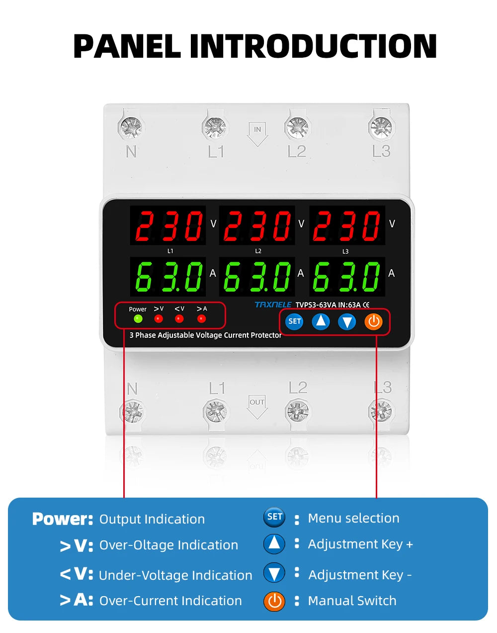 3 Phase Din Rail Voltmeter Ammeter Adjustable Over Under Voltage Current Limit Protection Monitor Relays Protector 63A 100A