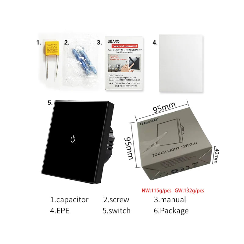 UBARO EU/UK Standard Crystal Tempered Glass Wall Panel Light Touch Switch Led Indicator Sensor Electrical Button 1/2/3Gang 220V