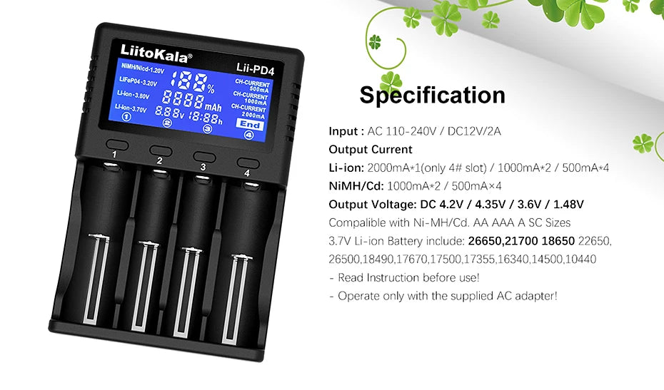 LiitoKala Lii-PD4/PD2 AC PD Charger LCD Fast Charging 4/2-Bay for 21700/18650/AA/AAA Multi-Protection Auto-Detect
