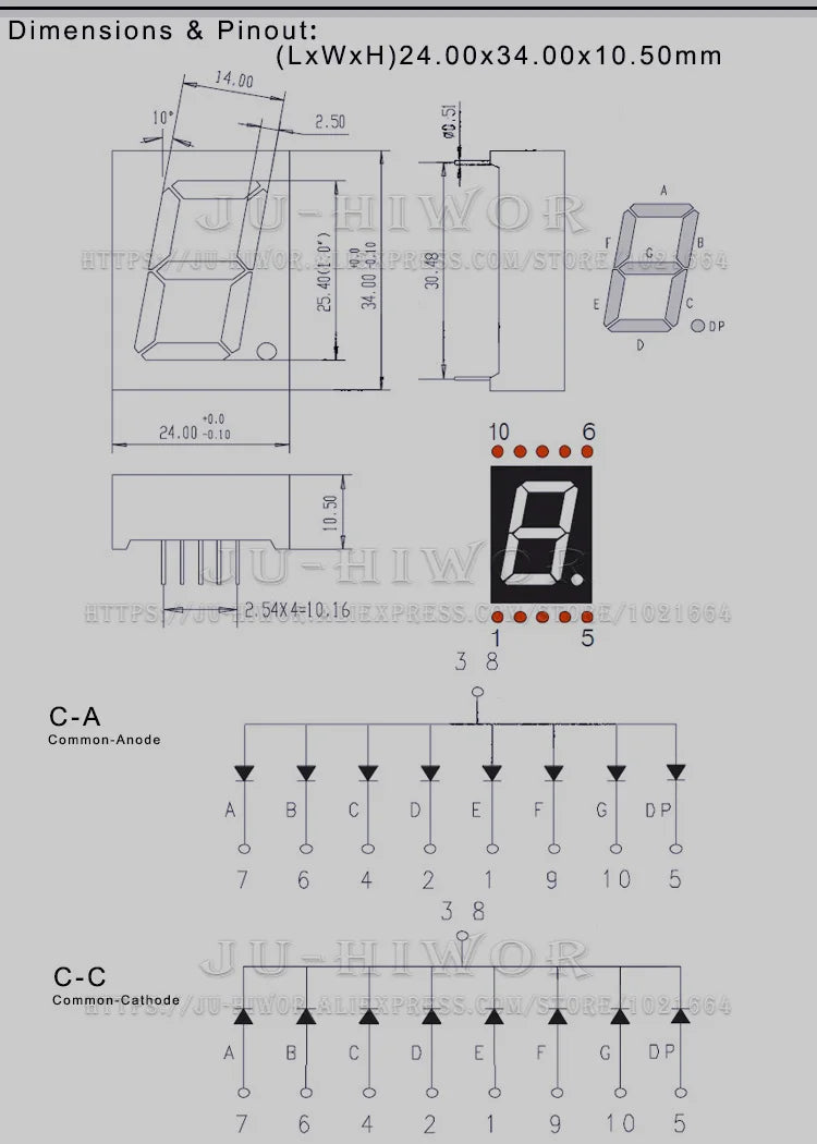 5pcs 10Pins 1106AGG 1106BGG 1 Inch 1 Digit Bits 7 Segment Jade green LED Digital Display Digitron Common Anode Cathode C-A C-C