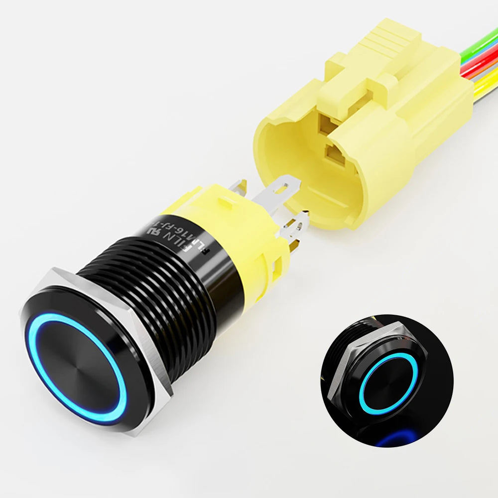 16/19/22mm IP67 Waterproof Push Button Switch LED Ring Light Momentary/Latching Harness Connector Car Engine Power Switches