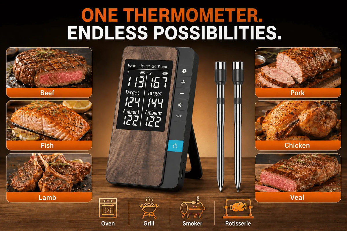 Wireless Meat Thermometer Digital Bluetooth Probe Thermometer Rechargeable with LCD Screen & Mobile APP for BBQ Oven Rotisserie