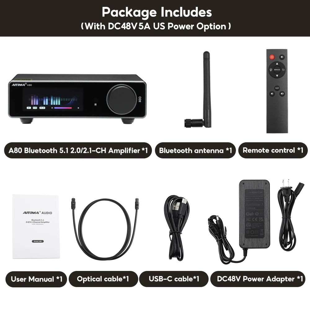 AIYIMA A80 Upgraded TPA3255 DAC Bluetooth PFFB Stereo Power Amplifier 300Wx2 Class D HiRes Digital Amp RCA TRS OPT COA USB Input