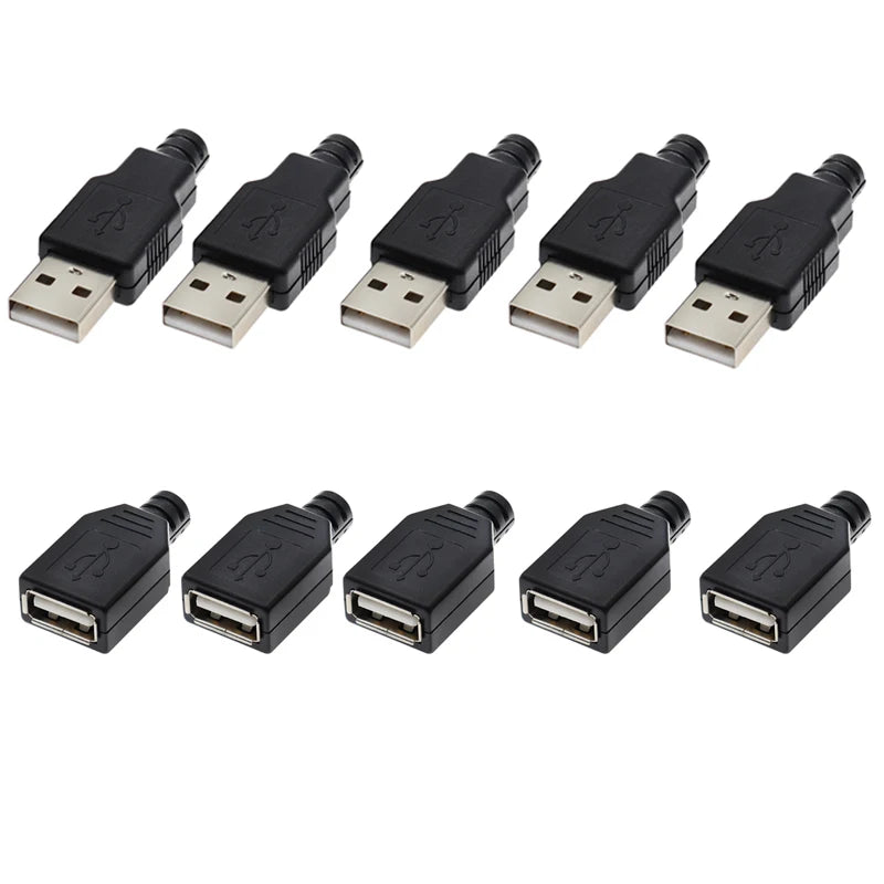 10pcs Type A Male Female USB 4 Pin Plug Socket Connector With Black Plastic Cover Type-A DIY Kits