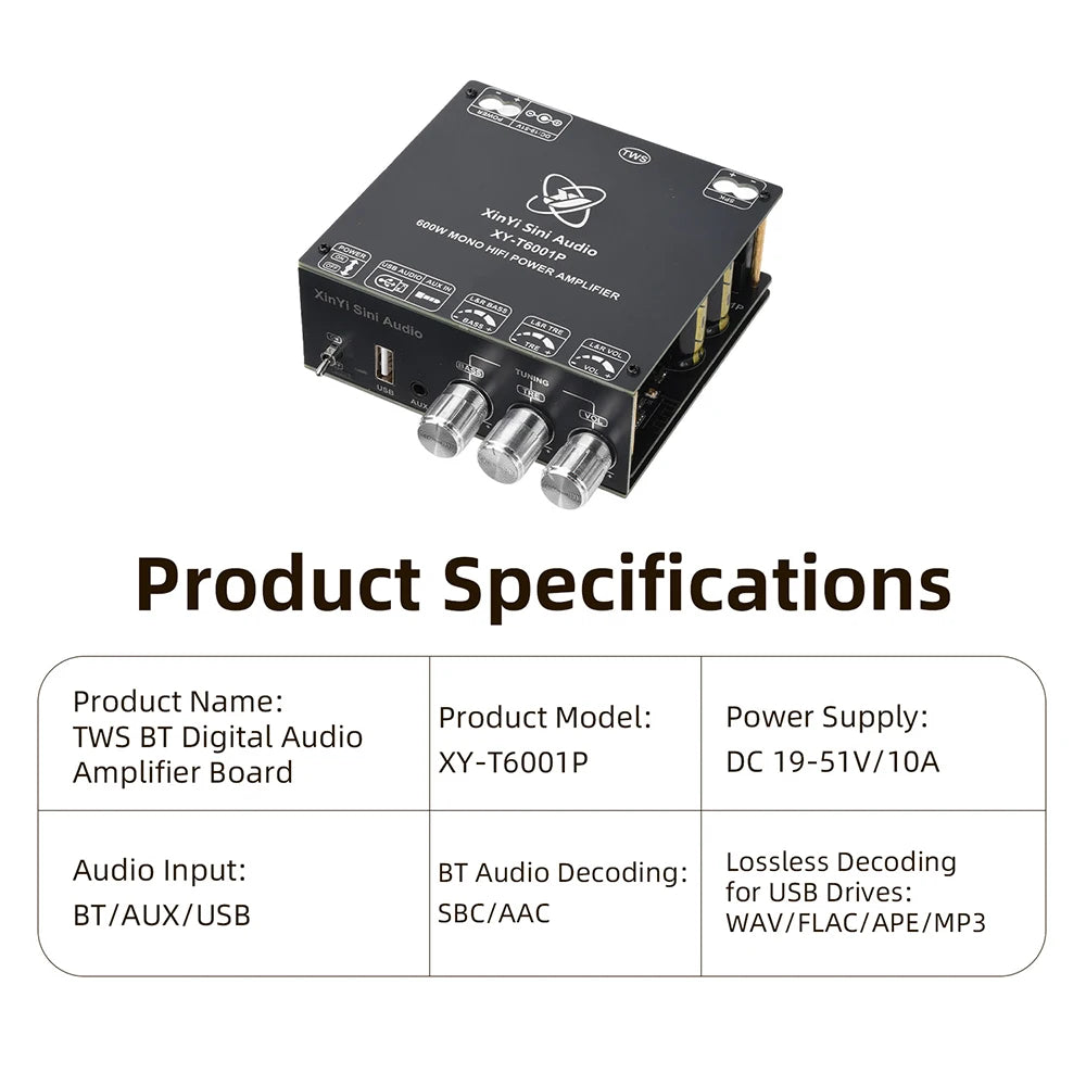 XY-T6001P Mono 600W Amplifier Board TPA3255 DC 19-51V TWS True Wireless Bluetooth 5.0 AUX USB APP Control for Car Home Audio DIY