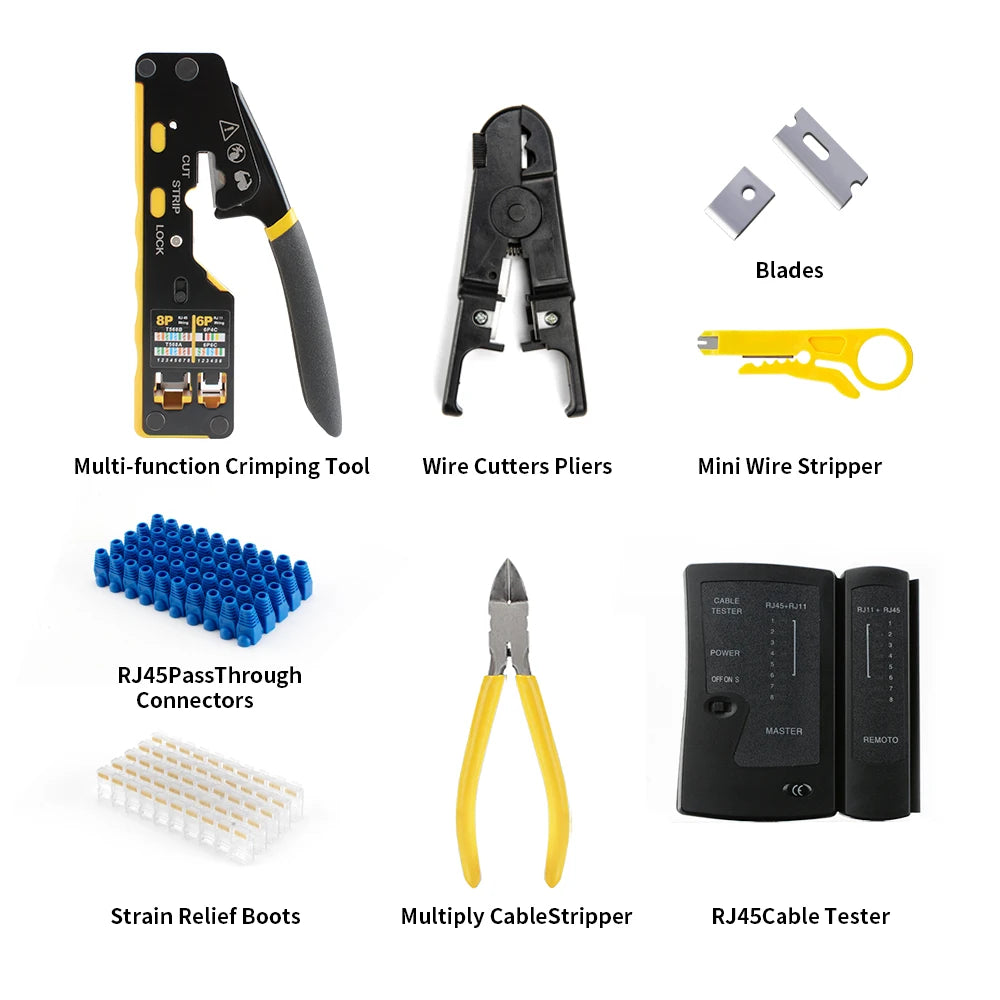 8 in 1 RJ45 Crimp Tool Kit,Crimper tool,Cable Tester,Wire Cutter,Blades,50Pcs Cat 6 Connectors and Strain Relief Boots