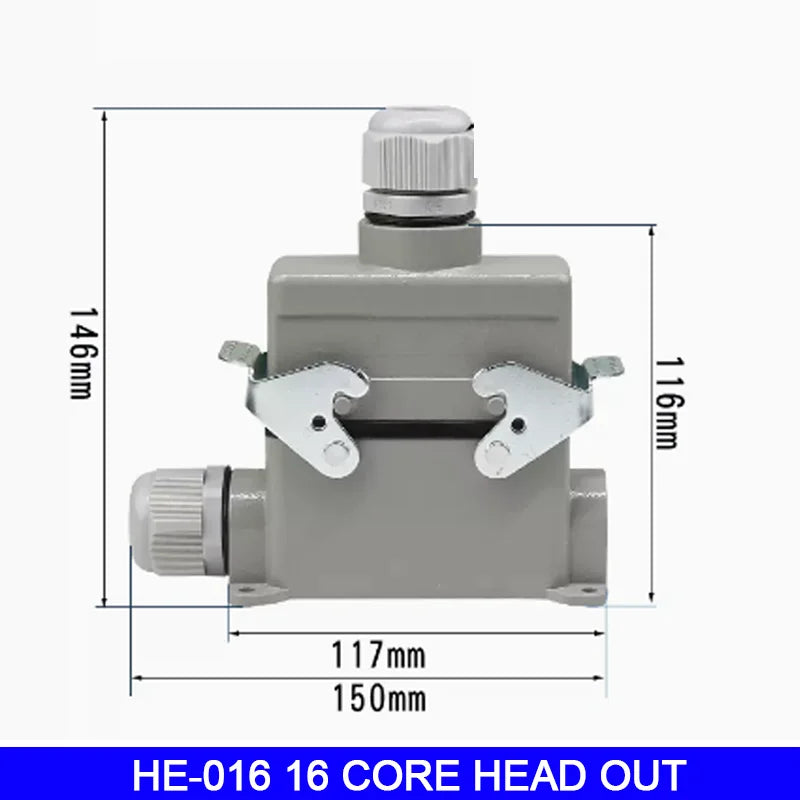 High Base Rectangular Heavy Duty Connectors 4 6 8 10 16 20 24 32 48 Core Pins 16A Waterproof Aviation Plug Top Side Outlet